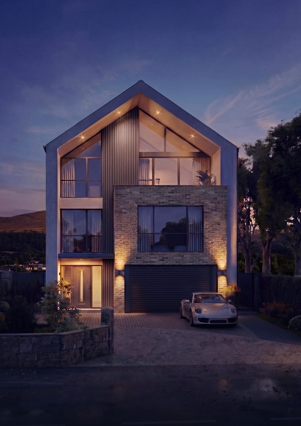 Front elevation at dusk