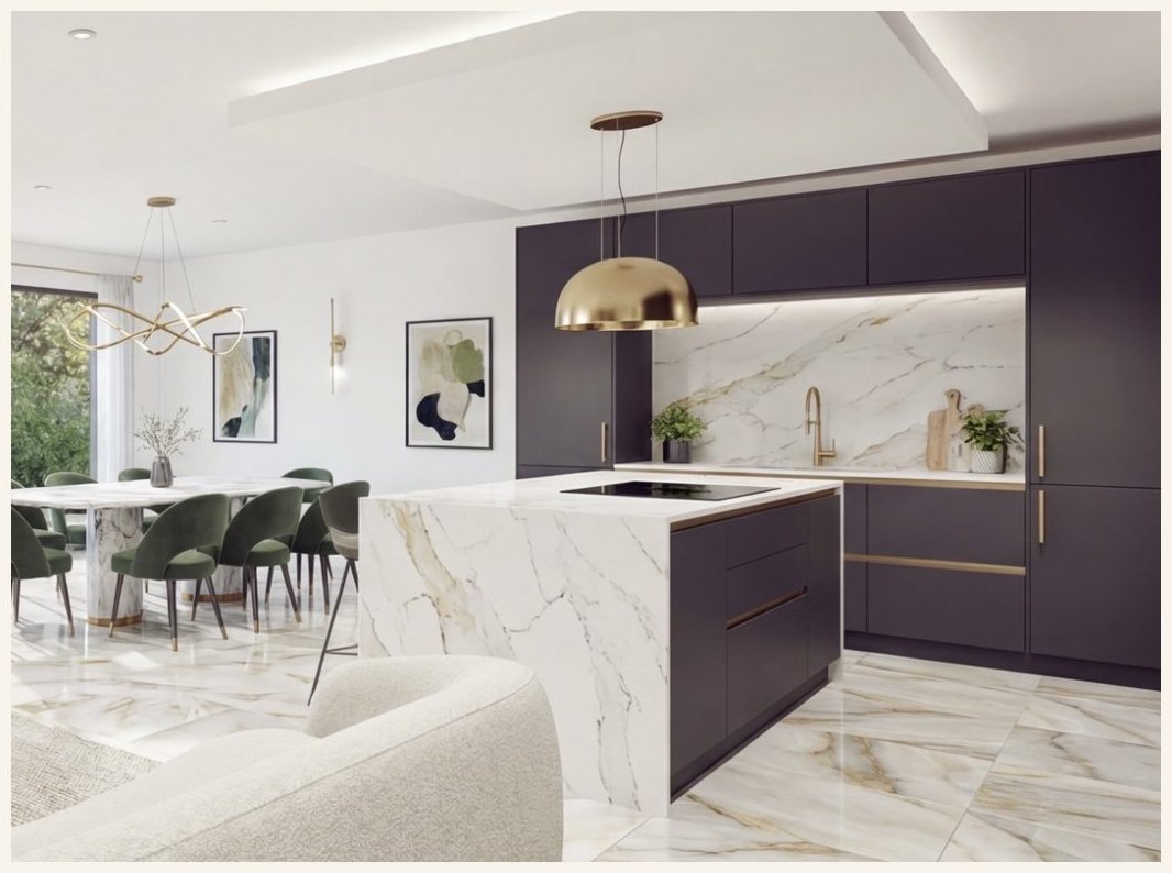 Kitchen island, calacatta-style marble & brushed brass