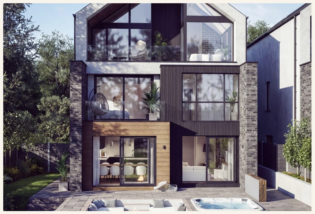 Rear elevation — private garden, fire pit, hot tub